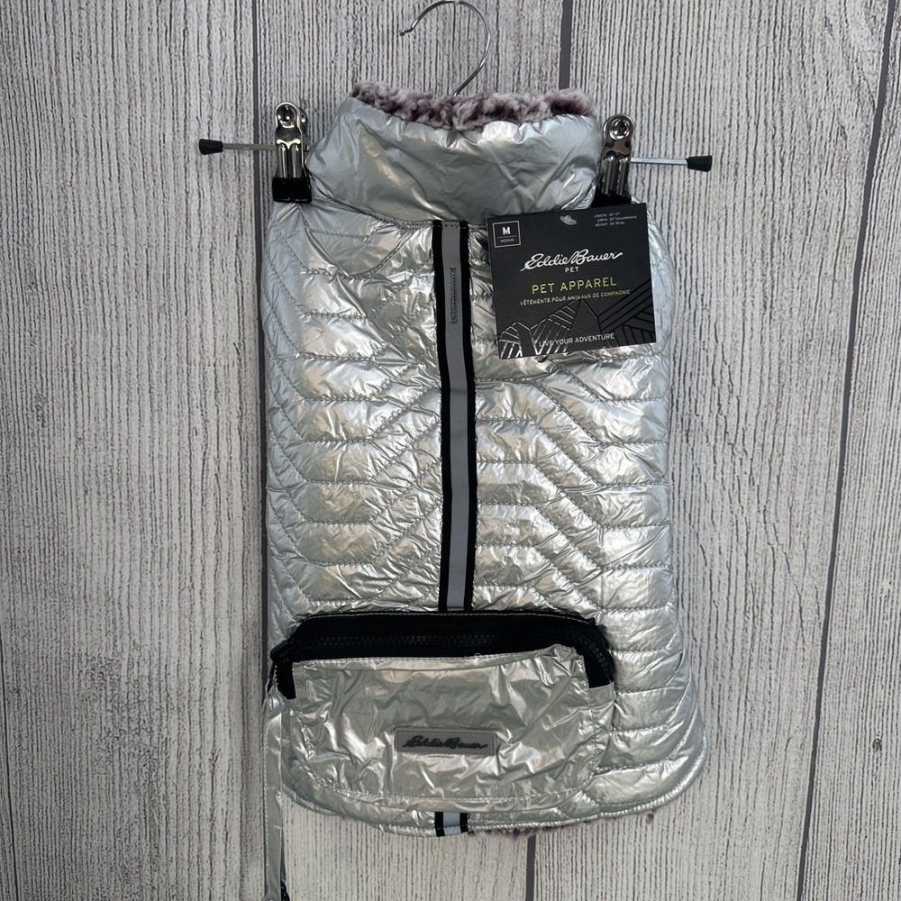 Eddie Bauer Dog Coat Medium Silver Foil Metallic Winter Jacket Quilted Sherpa